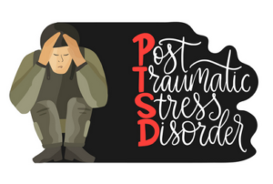 Crouching soldier with the words PTSD